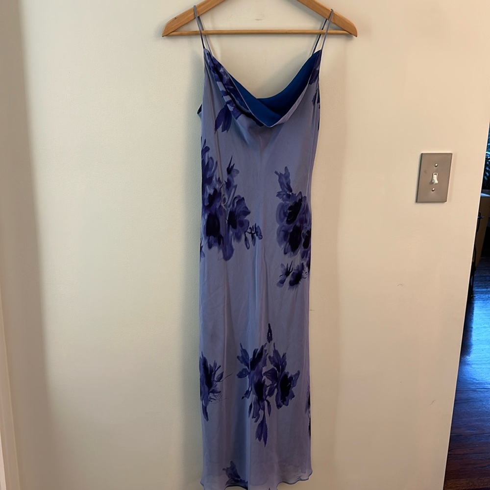 Vintage Silk Floral Slip Maxi Dress Pullover Purple Blue Colors SZ 4 Cowl Neck
